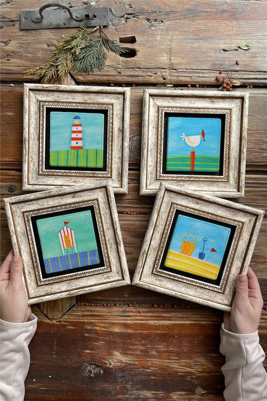 Framed Stone Painting Wall Decoration 8" x 8" Set of 4 Lighthouse Pictures