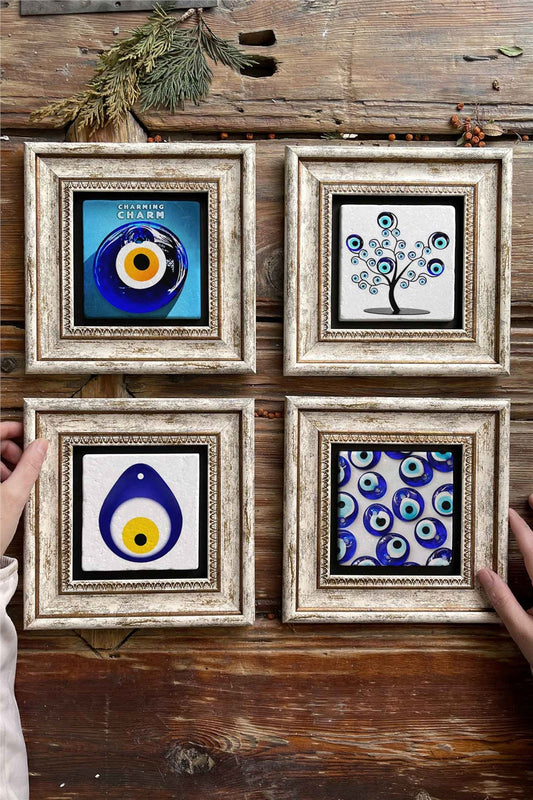 Framed Stone Painting Wall Decoration 8" x 8" Set of 4 Evil Eye Beads Set