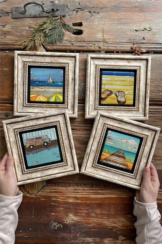 Framed Stone Painting Wall Decoration 8" x 8" Set of 4 Beach Pictures