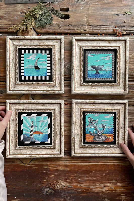 Framed Stone Painting Wall Decoration 8" x 8" Set of 4 Sea Anchor Whale Set