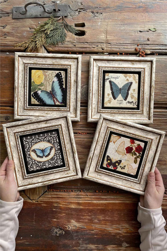 Framed Stone Painting Wall Decoration 8" x 8" Set of 4