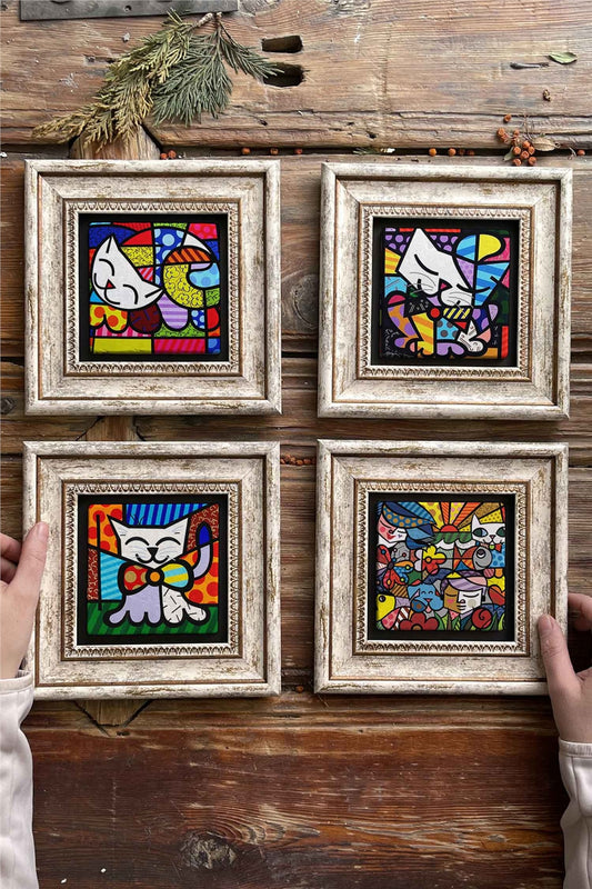 Framed Stone Painting Wall Decoration 8" x 8" Set of 4