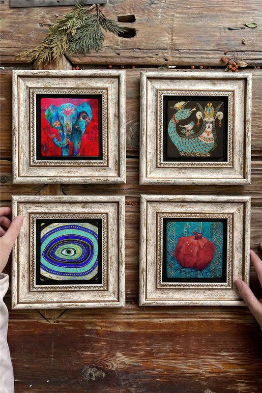 Framed Stone Painting 8" x 8" Set of 4(1488-1213-1100-480)Elephant Shahmaran Evil Eye Pomegranate