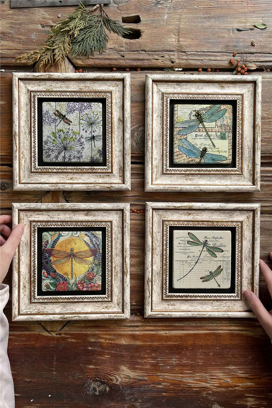 Framed Stone Painting Wall Decoration 8" x 8" Set of 4