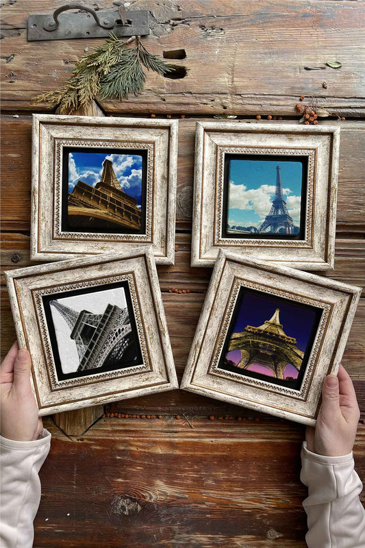 Framed Stone Painting Wall Decoration 8" x 8" Set of 4 Eiffel Tower Eiffel Tower Paris