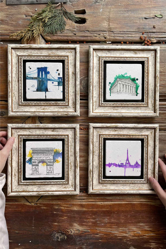 Framed Stone Painting Wall Decoration 8" x 8" Set of 4 Water Color Watercolor Painting Set
