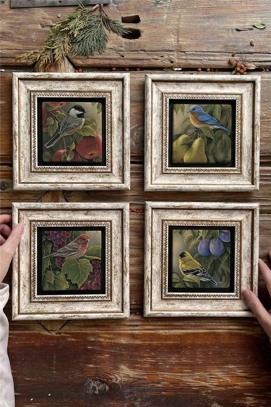 Framed Stone Painting Wall Decoration 8" x 8" Set of 4 Bird Set