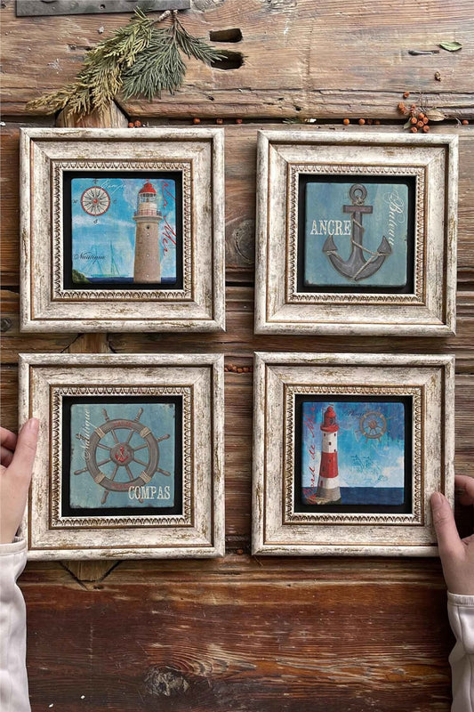 Framed Stone Painting Wall Decoration 8" x 8" Set of 4 Ancre Compas Sea Set