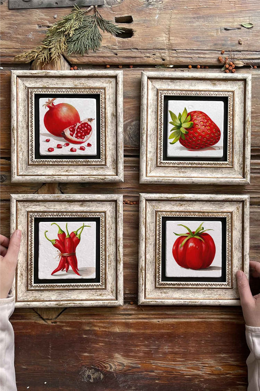 Framed Stone Painting Wall Decoration 8" x 8" Set of 4