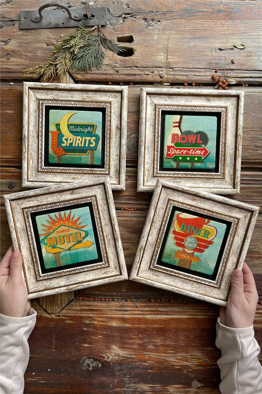 Framed Stone Painting Wall Decoration 8" x 8" Set of 4 Motel Diner Bowling