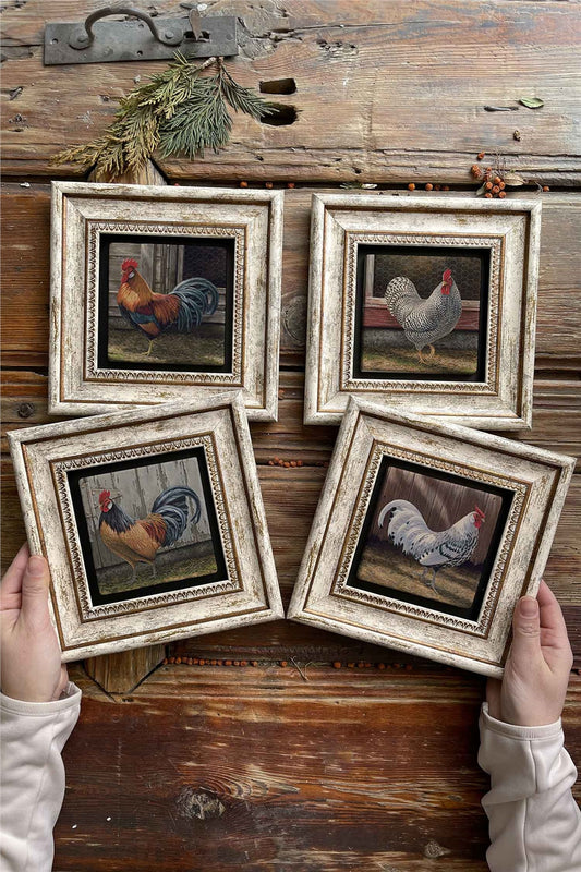 Framed Stone Painting Wall Decoration 8" x 8" Set of 4 Rooster Set