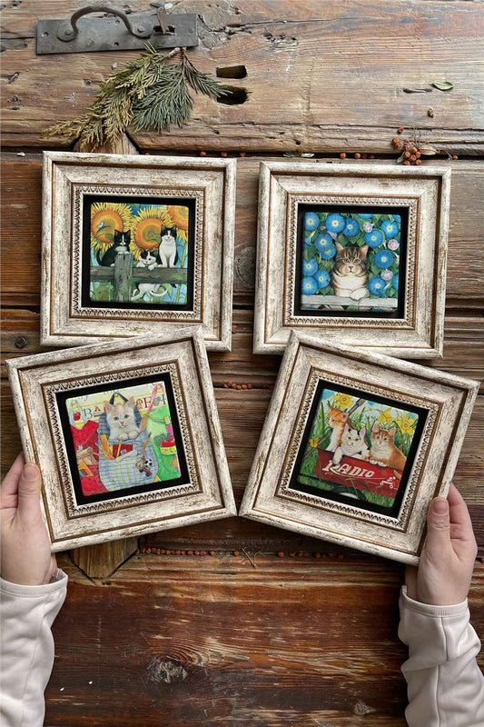 Framed Stone Painting Wall Decoration 8" x 8" Set of 4