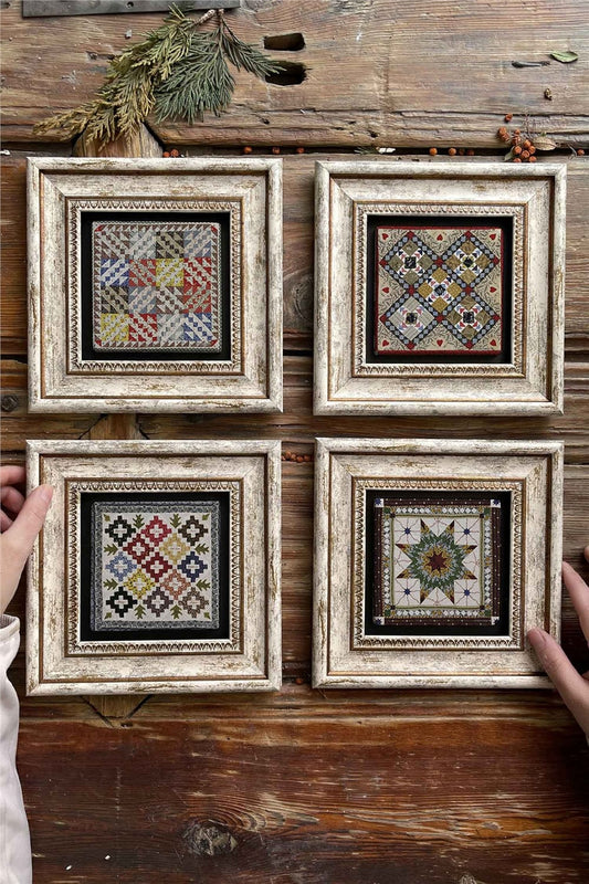 Framed Stone Painting Wall Decoration 8" x 8" Set of 4 Old Patterns