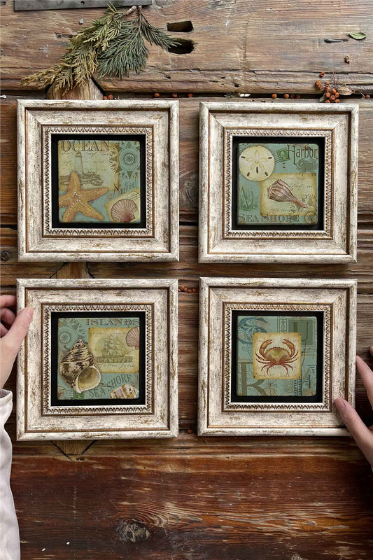 Framed Stone Painting Wall Decoration 8" x 8" Set of 4 Seashell Set Shell