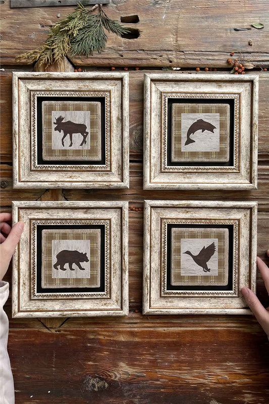 Framed Stone Painting Wall Decoration 8" x 8" Set of 4 Animal Set