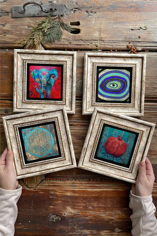 Framed Stone Painting 8" x 8" Set of 4(1488-1100-1090-480)Elephant Evil Eye Life Flower Pomegranate