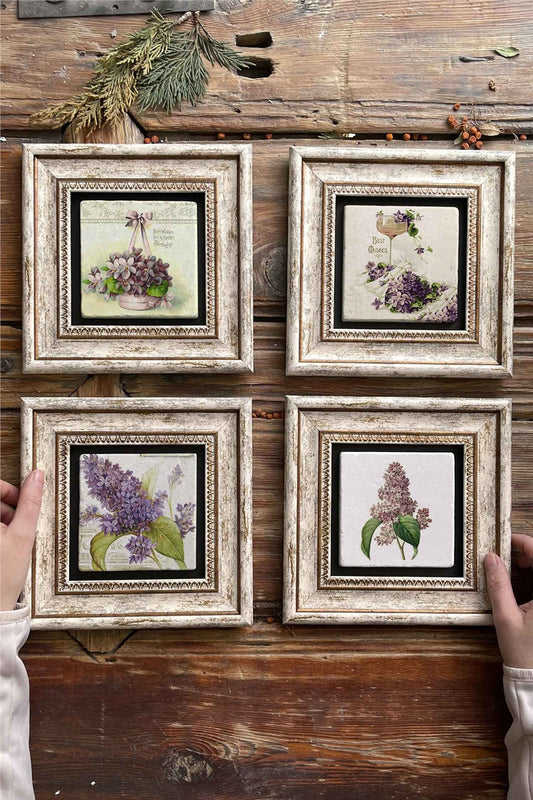Framed Stone Painting Wall Decoration 8" x 8" Set of 4