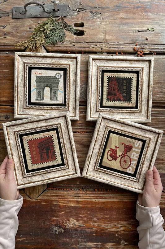 Framed Stone Painting Wall Decoration 8" x 8" Set of 4 Paris Set