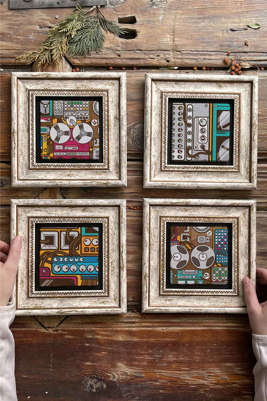 Framed Stone Painting Wall Decoration 8" x 8" Set of 4 DJ Set