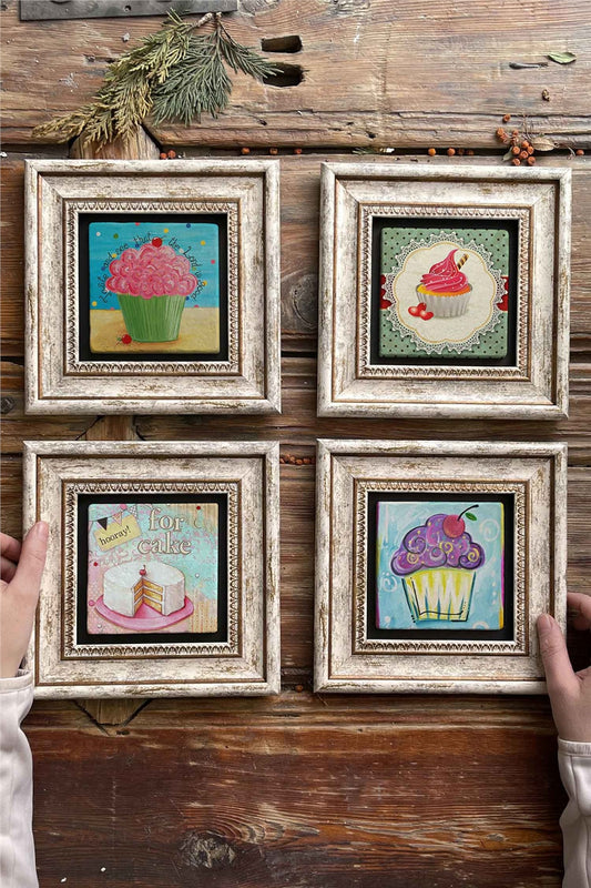 Framed Stone Painting Wall Decoration 8" x 8" Set of 4