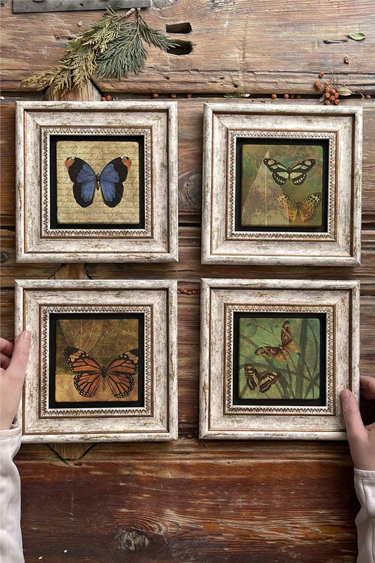 Framed Stone Painting Wall Decoration 8" x 8" Set of 4 Butterfly Butterfly Set
