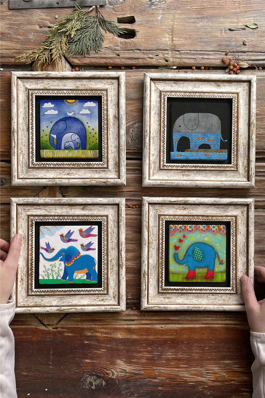 Framed Stone Painting Wall Decoration 8" x 8" Set of 4 Elephant Set