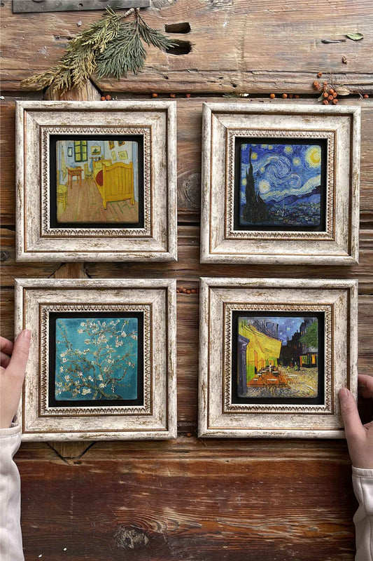 Framed Stone Painting Wall Decoration 8" x 8" Set of 4 Van Gogh Paintings