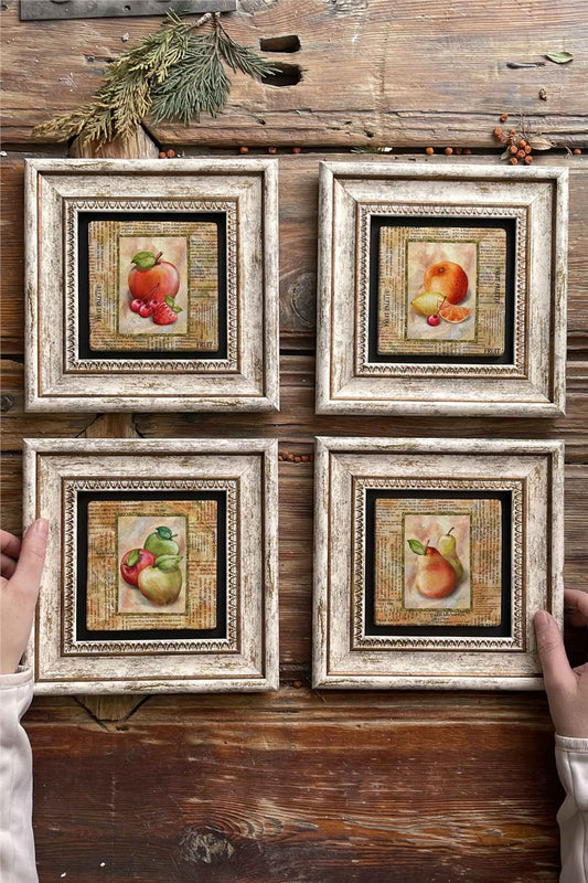 Framed Stone Painting Wall Decoration 8" x 8" Set of 4 Fruits