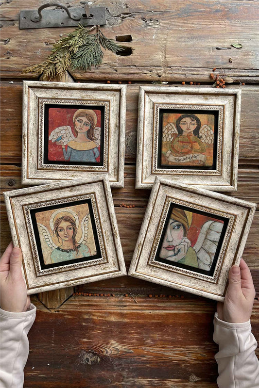 Framed Stone Painting Wall Decoration 8" x 8" Set of 4 Angels Angels Set
