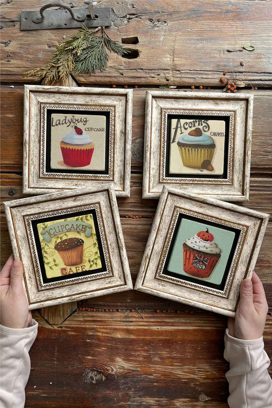 Framed Stone Painting Wall Decoration 8" x 8" Set of 4 Ladybug Cupcake