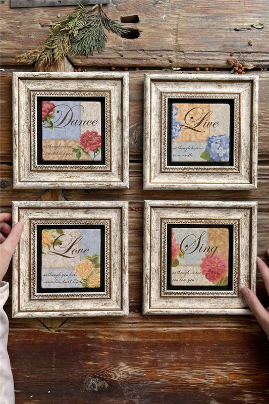 Framed Stone Painting Wall Decoration 8" x 8" Set of 4 Dance Sing Love Live