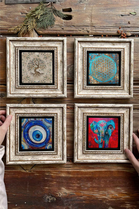 Framed Stone Painting Wall Decoration 8" x 8" Set of 4 Elephant Evil Eye Tree of Life