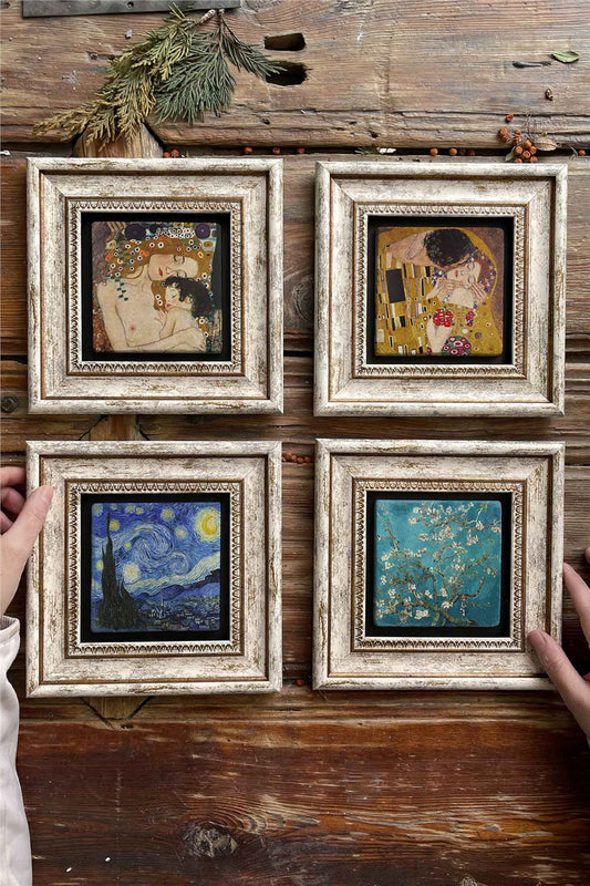 Framed Stone Painting Wall Decoration 8" x 8" Set of 4 Gustav Klimt Van Gogh Paintings