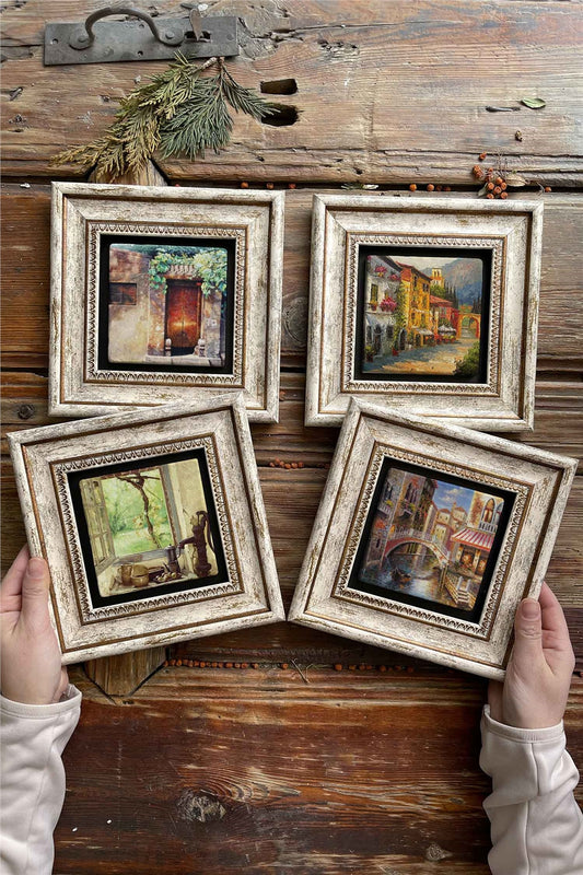 Framed Stone Painting Wall Decoration 8" x 8" Set of 4