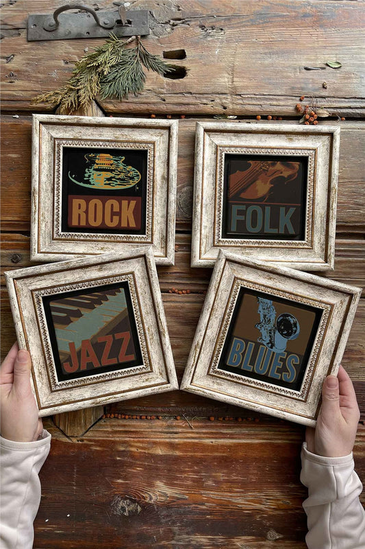 Framed Stone Painting Wall Decoration 8" x 8" Set of 4 Jazz Rock Folk Blues
