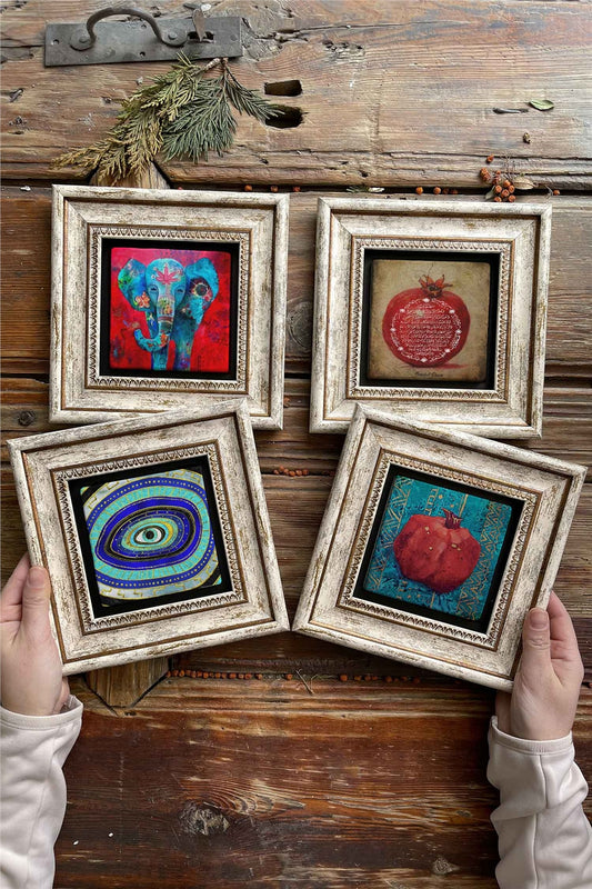 Framed Stone Painting 8" x 8" Set of 4(1488-1104-1100-480)Elephant Abundance Pomegranate Evil Eye