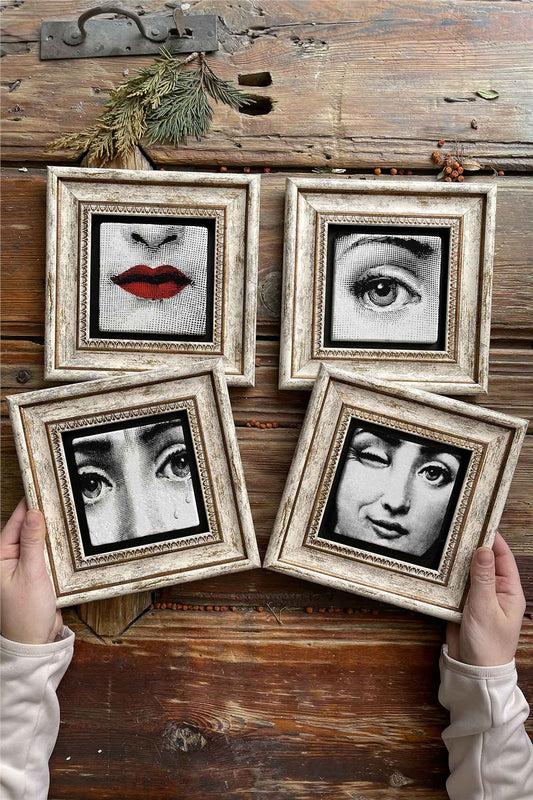 Framed Stone Painting Wall Decoration 8" x 8" Set of 4 Fornasetti Set