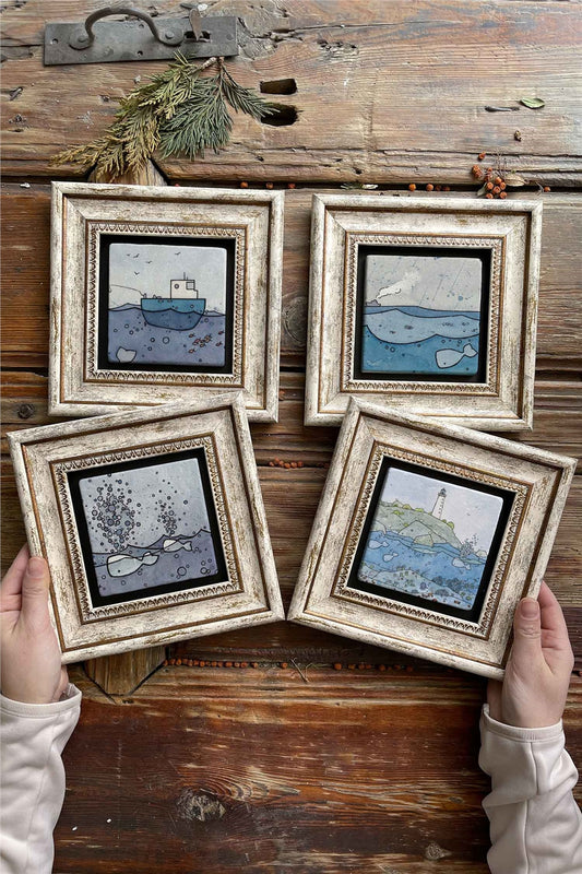 Framed Stone Painting Wall Decoration 8" x 8" Set of 4 Marine Set