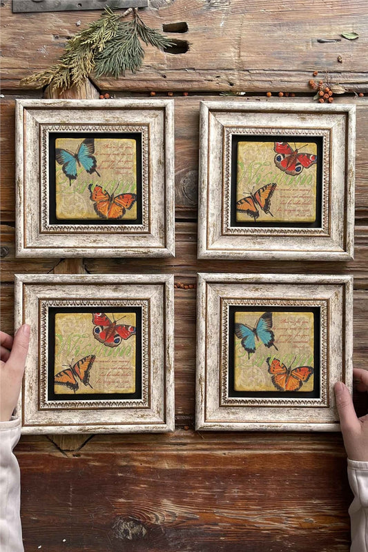 Framed Stone Painting Wall Decoration 8" x 8" Set of 4 Butterfly Butterfly Set