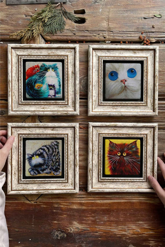 Framed Stone Painting Wall Decoration 8" x 8" Set of 4 Cat Set
