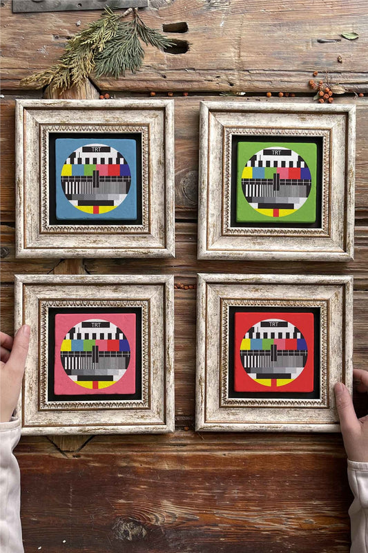 Framed Stone Painting Wall Decoration 8" x 8" Set of 4 Trt Broadcast Screens