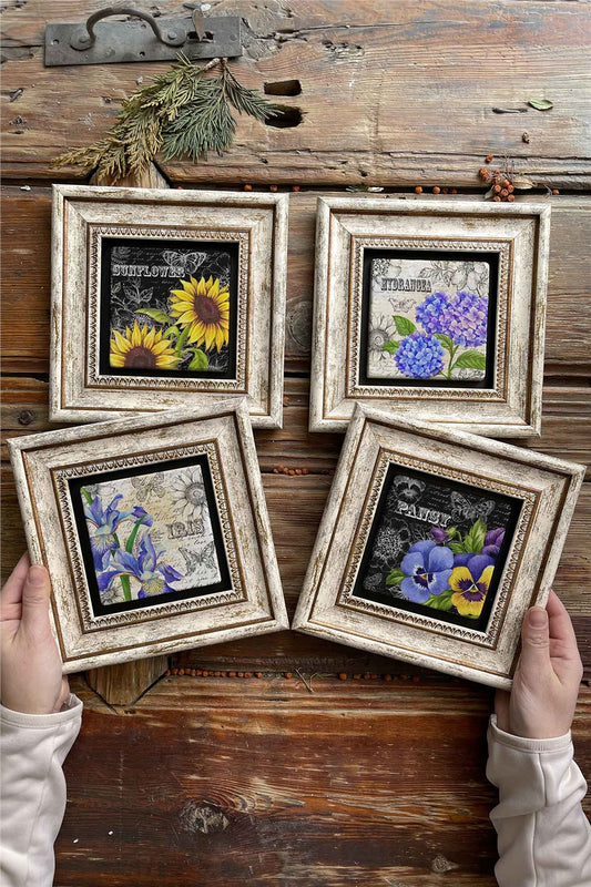 Framed Stone Painting Wall Decoration 8" x 8" Set of 4