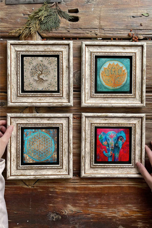 Framed Stone Painting Wall Decoration 8" x 8" Set of 4 Tree of Life Lotus Flower Elephant