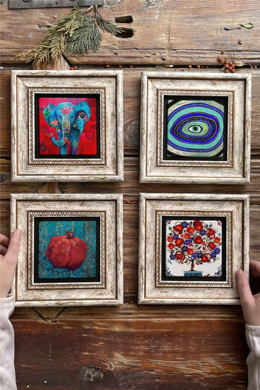 Framed Stone Painting 8" x 8" Set of 4(1488-1100-480-471)Elephant Evil Eye Pomegranate Tree