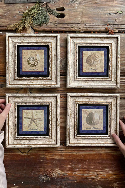 Framed Stone Painting Wall Decoration 8" x 8" Set of 4 Seashell Set Shell