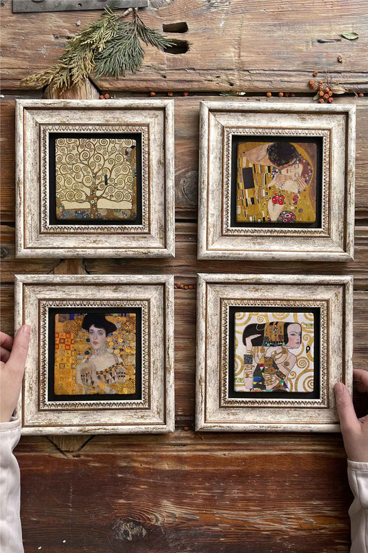 Framed Stone Painting Wall Decoration 8" x 8" Set of 4 Gustav Klimt The Last Kiss