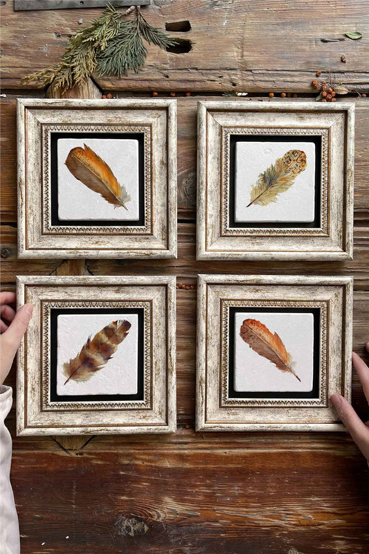 Framed Stone Painting Wall Decoration 8" x 8" Set of 4 Bird Feather Set