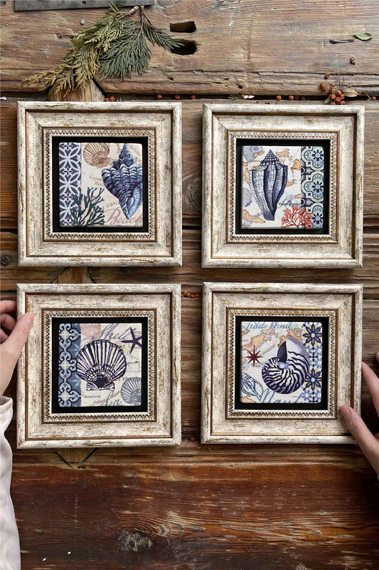 Framed Stone Painting Wall Decoration 8" x 8" Set of 4
