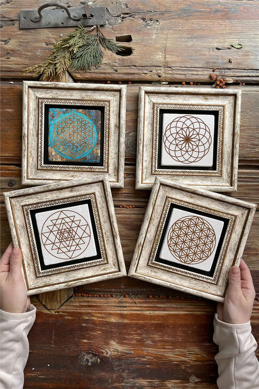 Framed Stone Painting Wall Decoration 8" x 8" Set of 4 Tree of Life Sri Yantra Torus