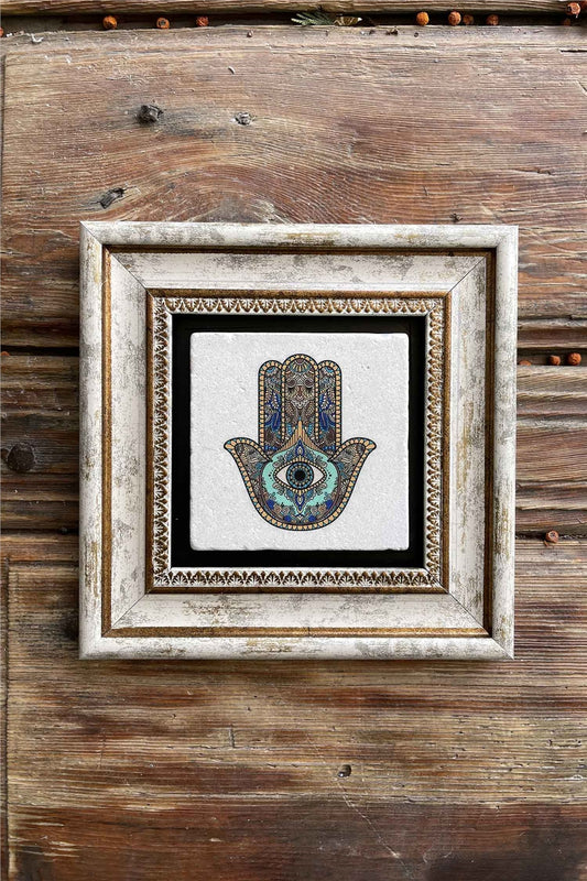 Framed Stone Painting 8" x 8" Set of 4(1213-1090-540-114)Şahmeran Life Tree of Life